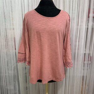 J. Jill Crochet Bell Sleeve Knit Top Women’s Medium Petite Dusty Rose Bohemian